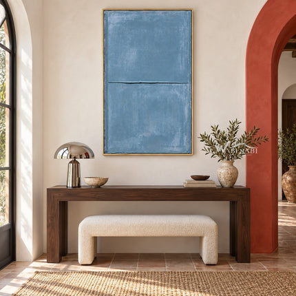 Slate Blue Minimal Line Wall Art shown above a console and pale bench.