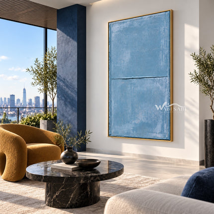 Slate Blue Minimal Line Wall Art shown beside lounge seating.