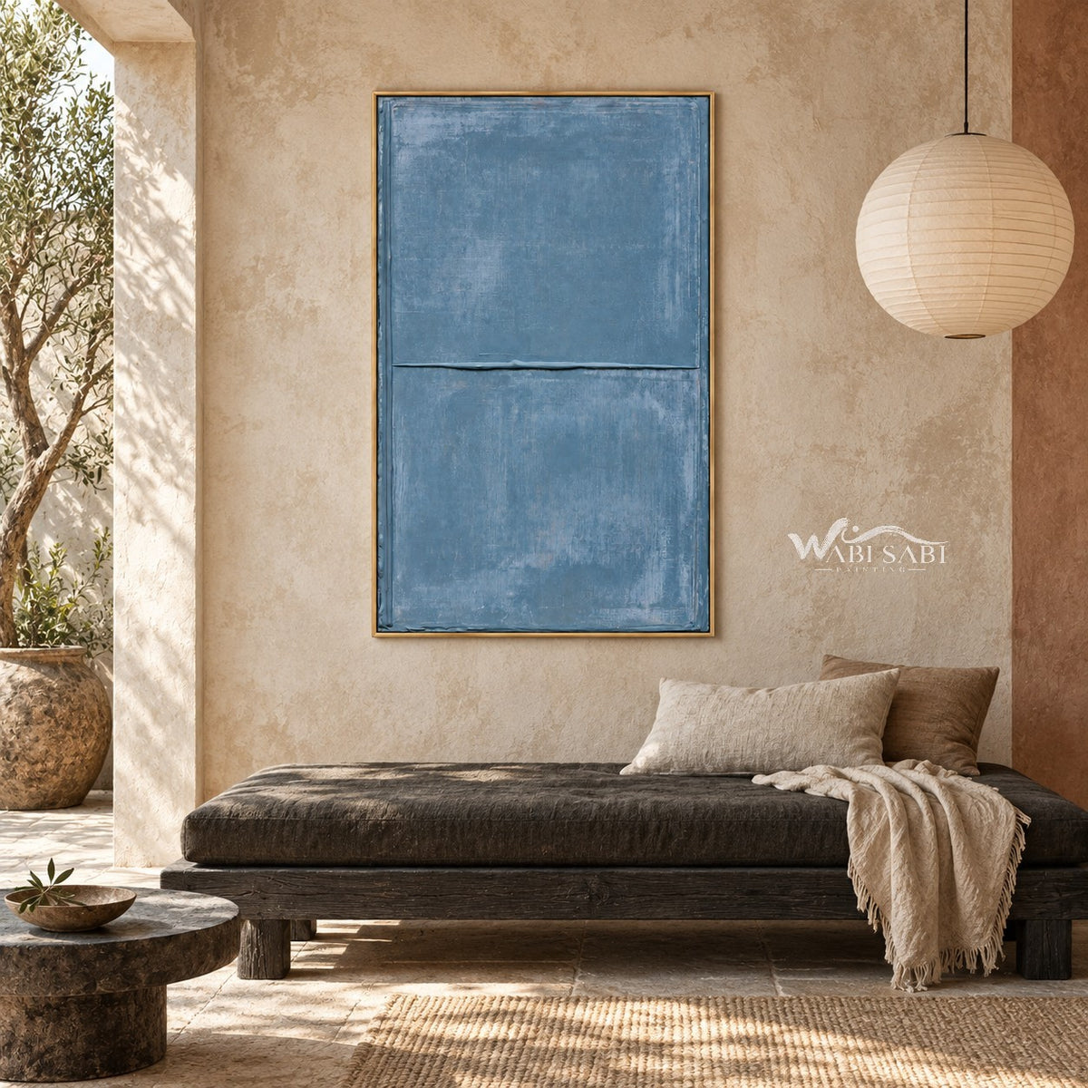 Slate Blue Minimal Line Wall Art shown above a dark upholstered bench.