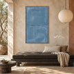 Slate Blue Minimal Line Wall Art shown above a dark upholstered bench.