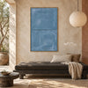 Slate Blue Minimal Line Wall Art shown above a dark upholstered bench.