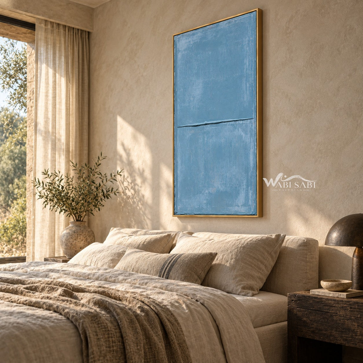 Slate Blue Minimal Line Wall Art shown above a bed with pale bedding.