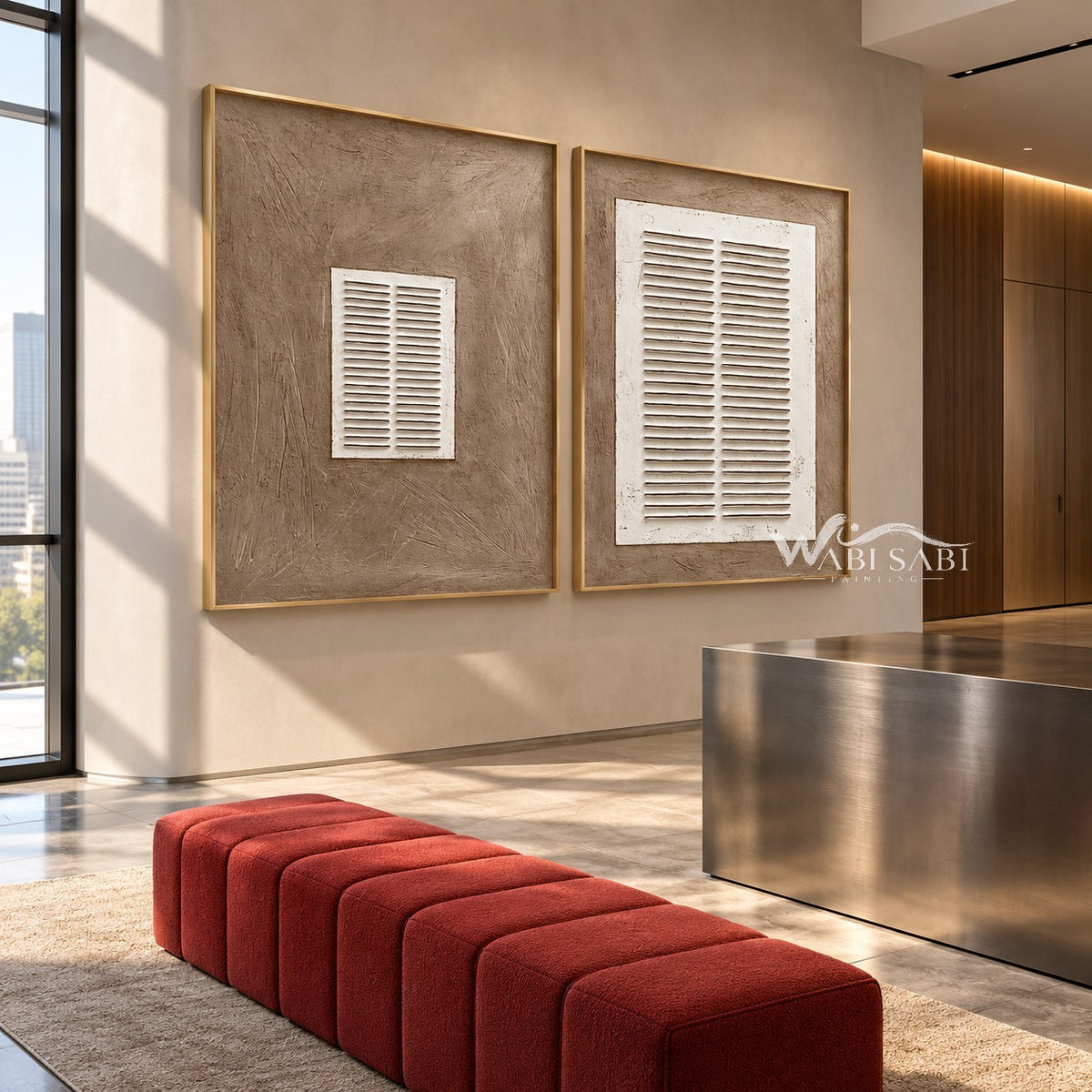 Small and Large Lines 2-Piece Set shown above a bench.