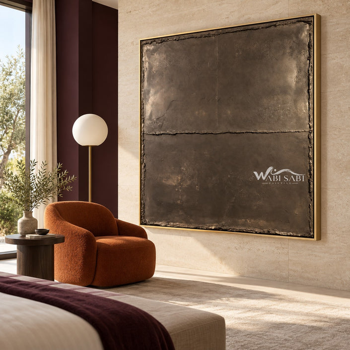 Smoky Brown Weathered Field Wall Art shown beside an orange chair.