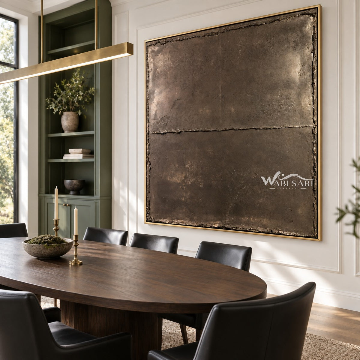 Smoky Brown Weathered Field Wall Art shown behind a dining table.
