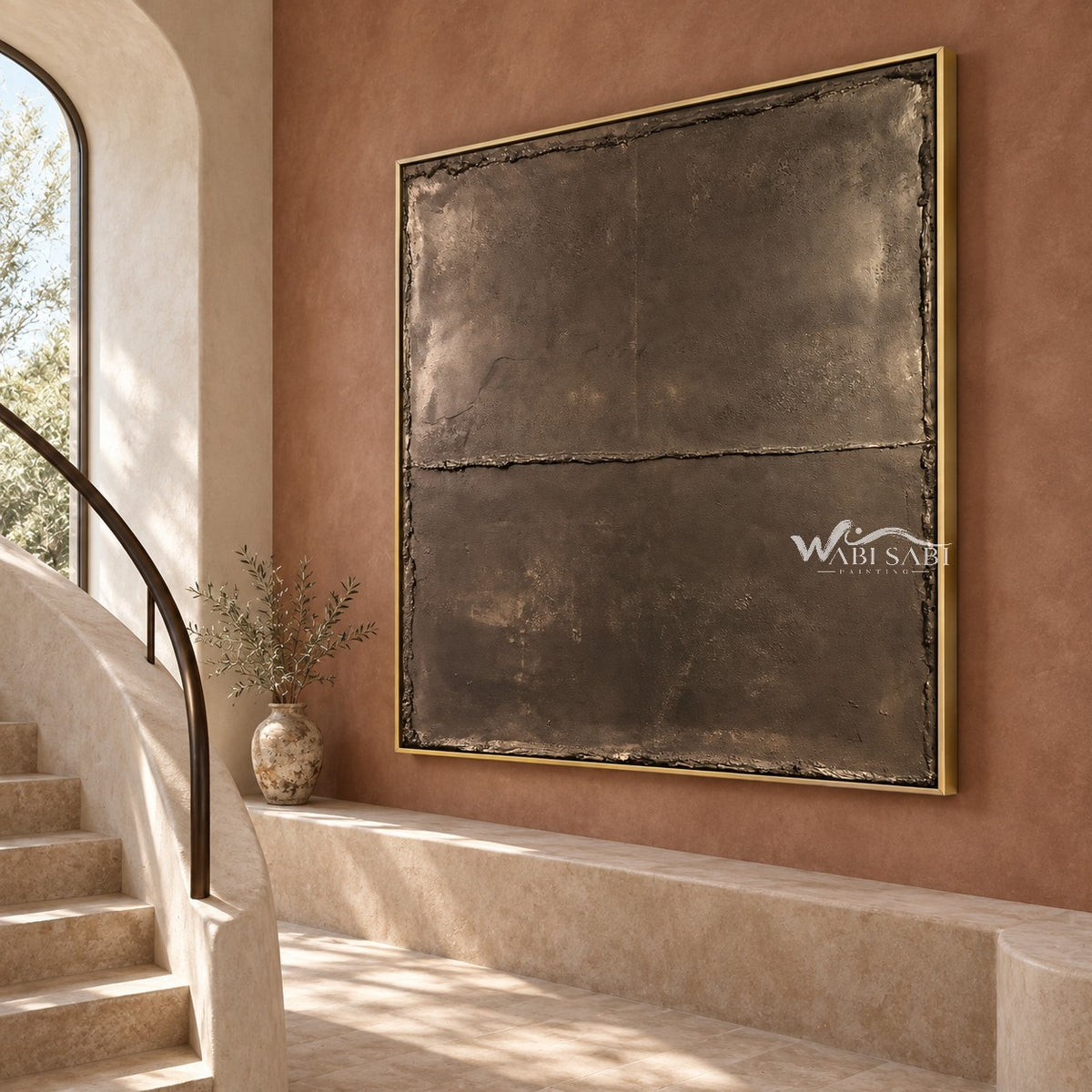 Smoky Brown Weathered Field Wall Art shown beside a staircase.