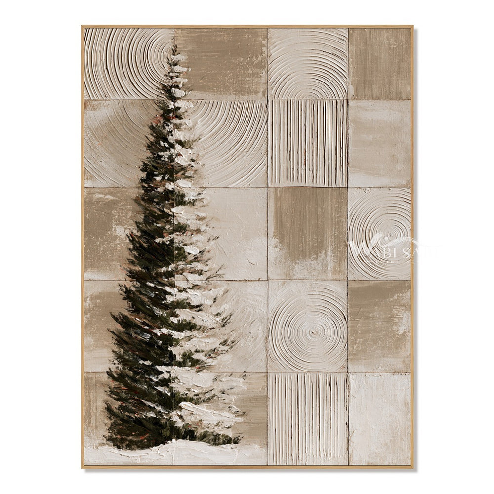 Snowy Evergreen and Neutral Grid Painting — WS-0195 — artwork view