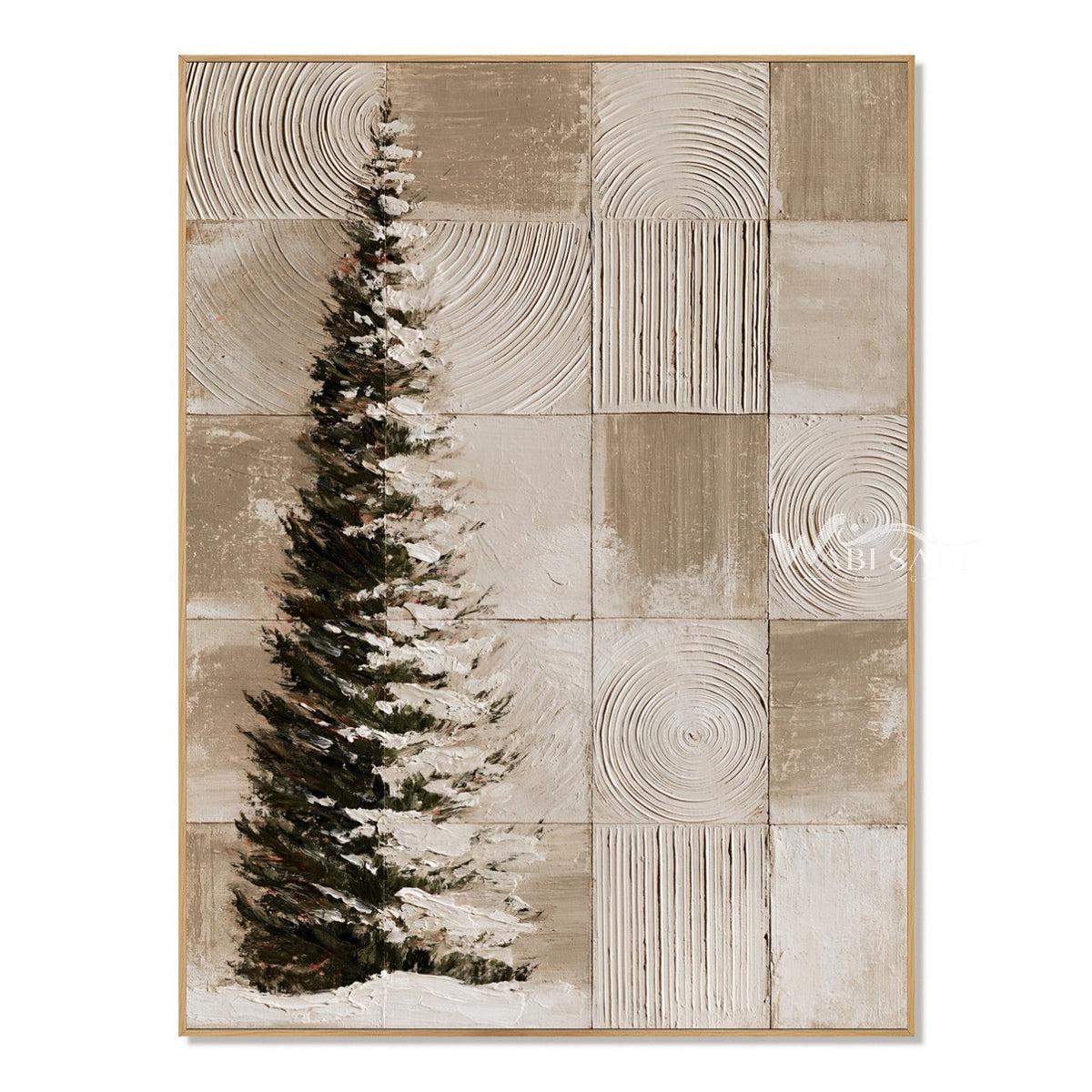 Snowy Evergreen and Neutral Grid Painting. Beige and cream geometric background.