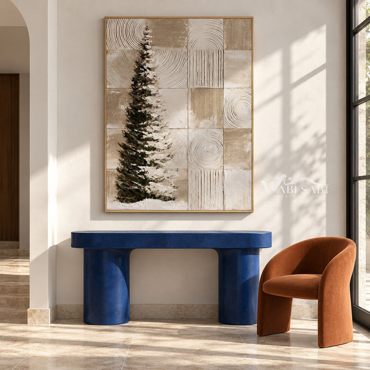 Snowy Evergreen and Neutral Grid Painting shown above a console.