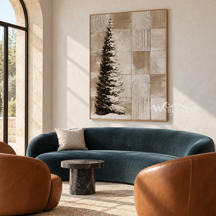 Snowy Evergreen and Neutral Grid Painting shown in a living room with a sofa.
