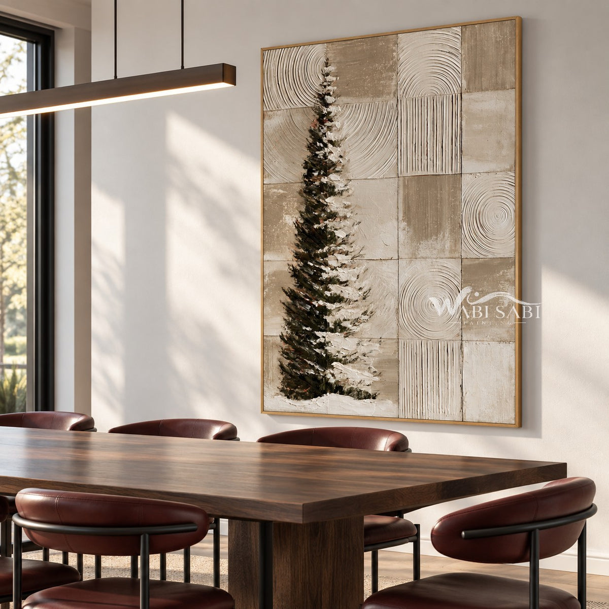 Snowy Evergreen and Neutral Grid Painting shown in a dining area.