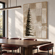 Snowy Evergreen and Neutral Grid Painting shown in a dining area.