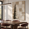 Snowy Evergreen and Neutral Grid Painting shown in a dining area.