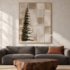 Snowy Evergreen and Neutral Grid Painting shown in a living room with a sofa.