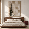 Snowy Evergreen and Neutral Grid Painting shown in a bedroom.