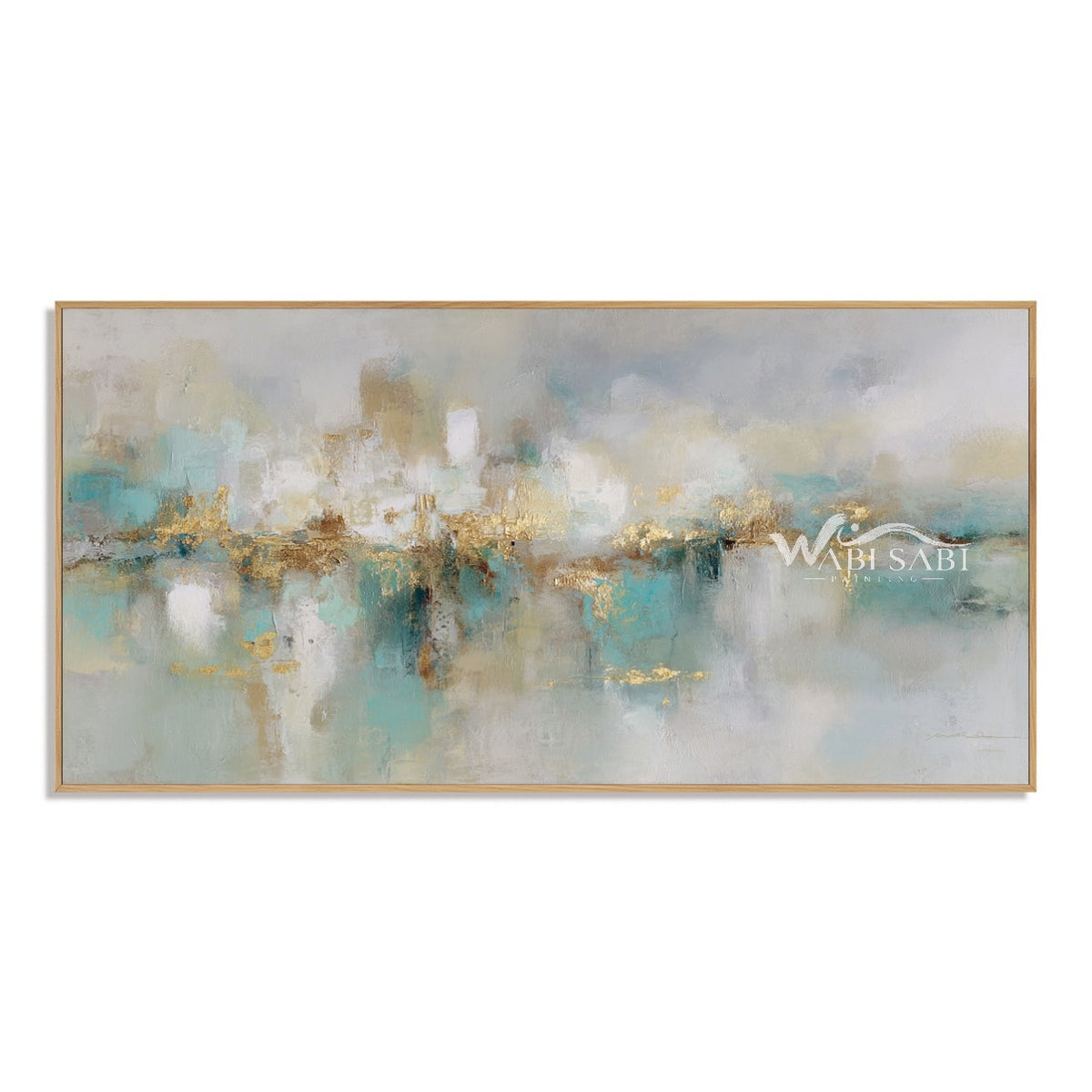 Soft Aqua Horizon with Gold Accents Wall Art. Broken gold-colored center band.