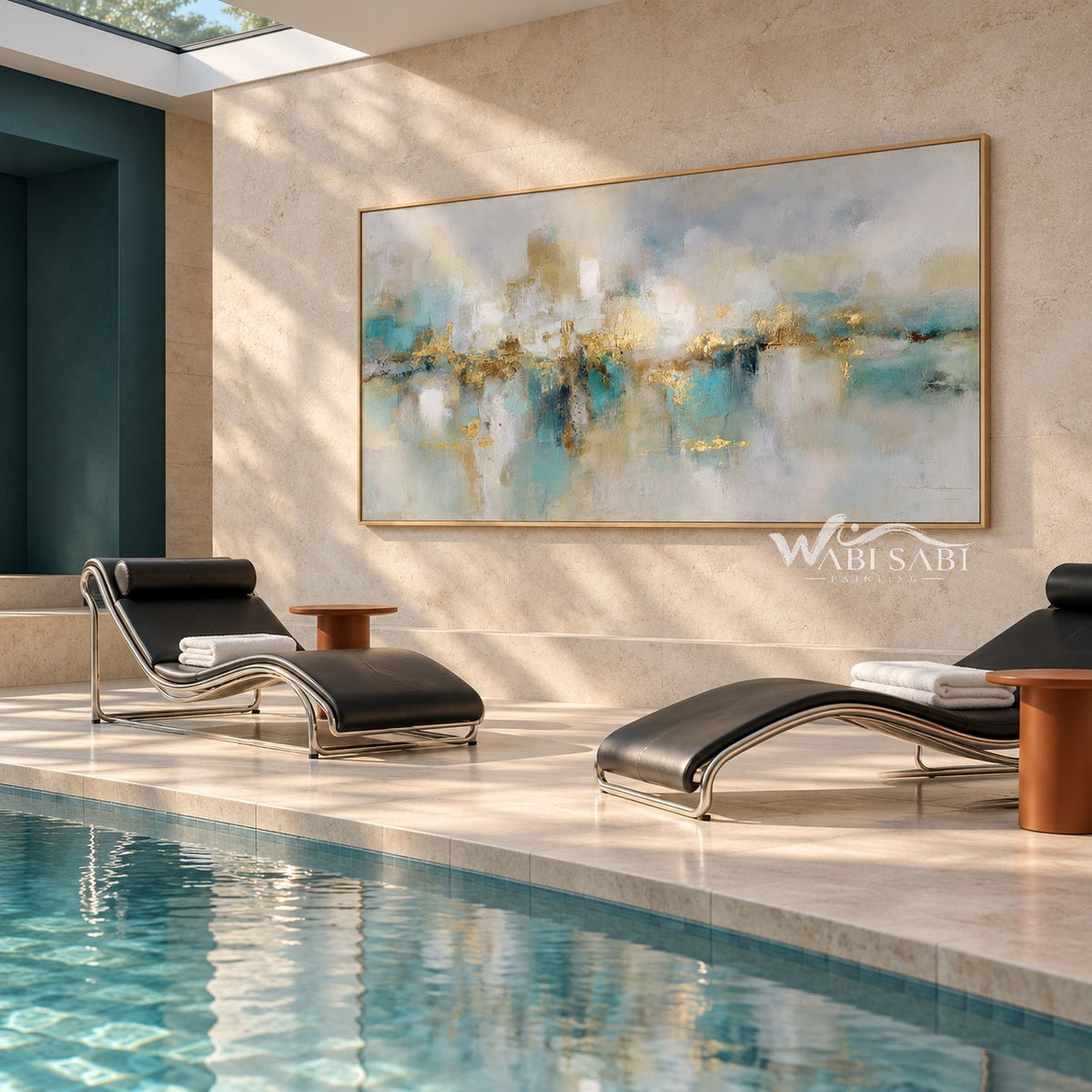 Soft Aqua Horizon with Gold Accents Wall Art shown beside an indoor pool.