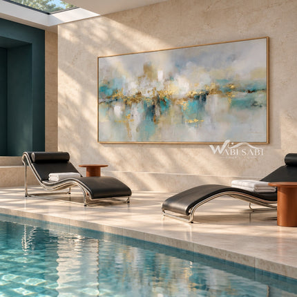 Soft Aqua Horizon with Gold Accents Wall Art shown beside an indoor pool.