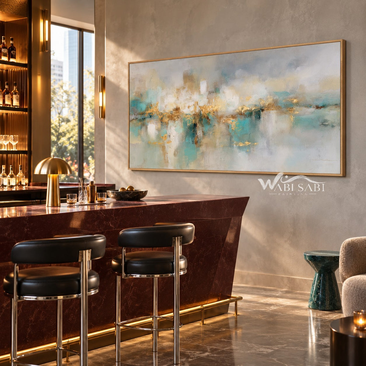 Soft Aqua Horizon with Gold Accents Wall Art shown above a bar counter.