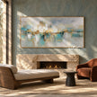 Soft Aqua Horizon with Gold Accents Wall Art shown above a fireplace in a seating area.