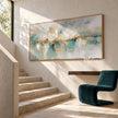 Soft Aqua Horizon with Gold Accents Wall Art shown beside a staircase.