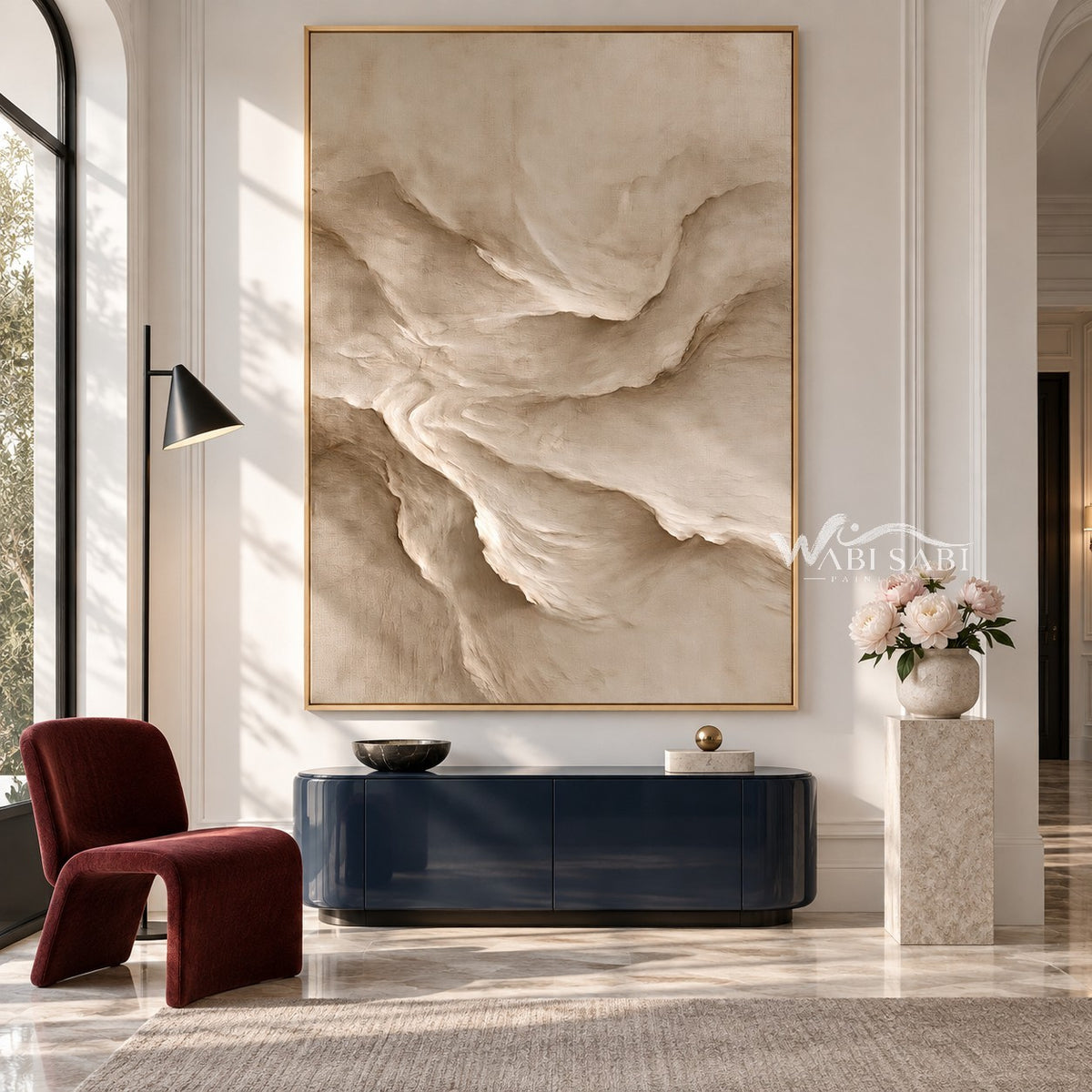 Soft Beige Terraced Ridge Painting shown above a console.