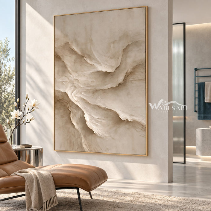 Soft Beige Terraced Ridge Painting shown in a seating area.