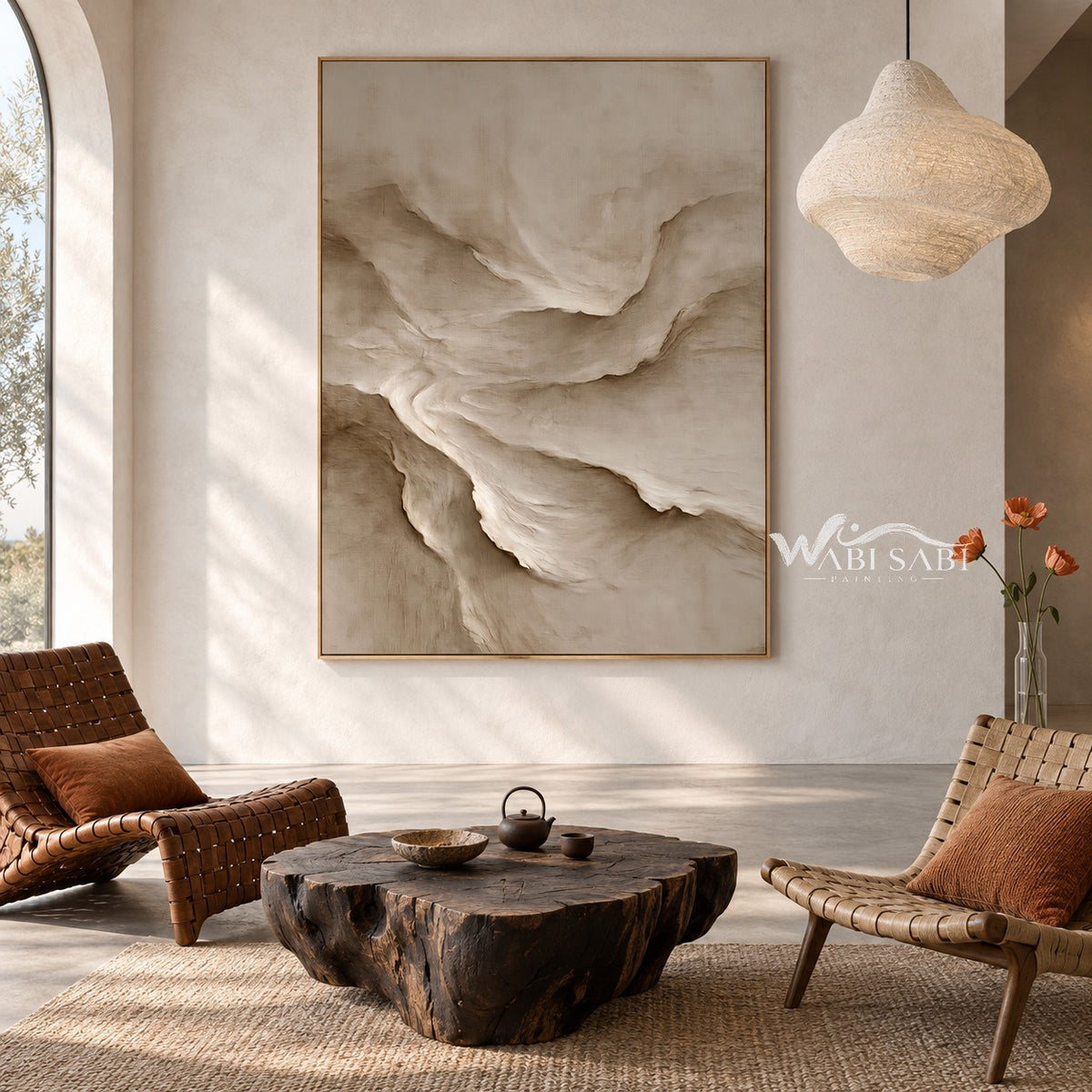 Soft Beige Terraced Ridge Painting shown in a seating area.