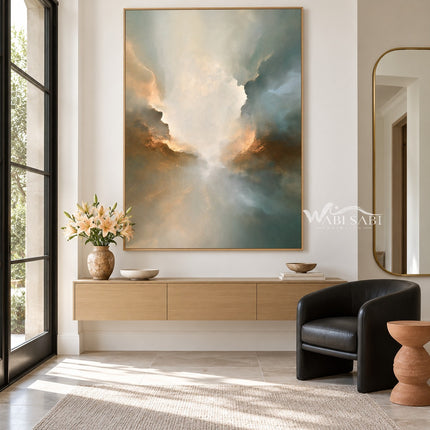 Soft Cream and Sage Cloud Abstract Painting shown above a console.