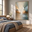Soft Cream and Sage Cloud Abstract Painting shown in a bedroom.