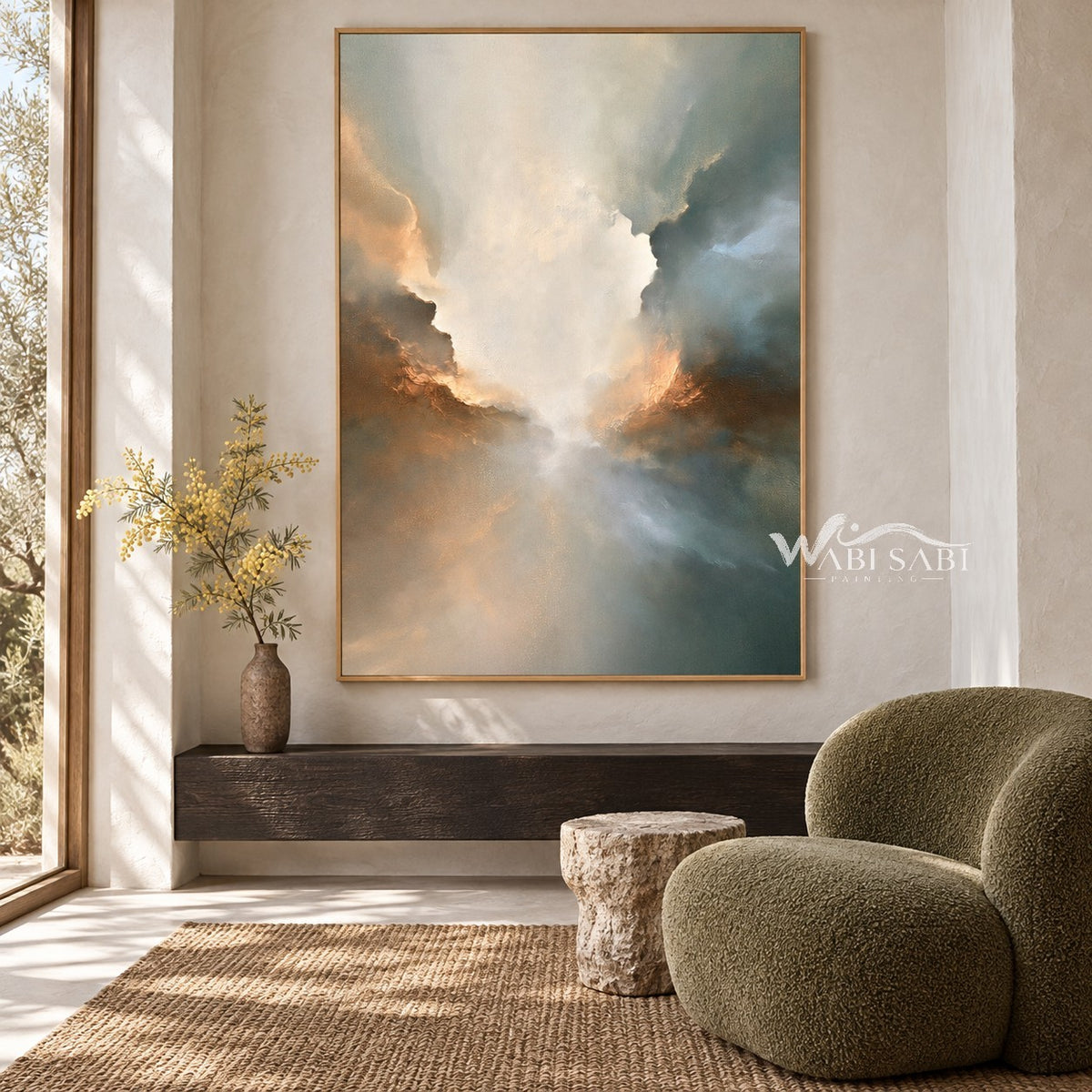 Soft Cream and Sage Cloud Abstract Painting shown above a bench.