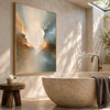 Soft Cream and Sage Cloud Abstract Painting shown in a bathroom setting.