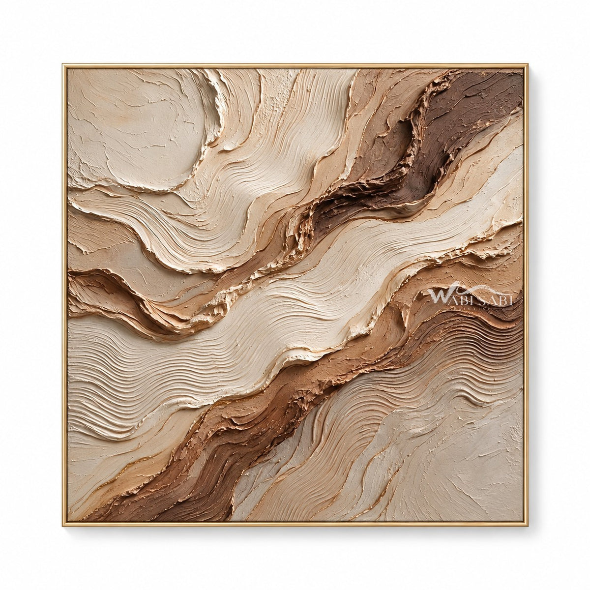 Square diagonal composition in cream, brown, beige. Dark brown seams.