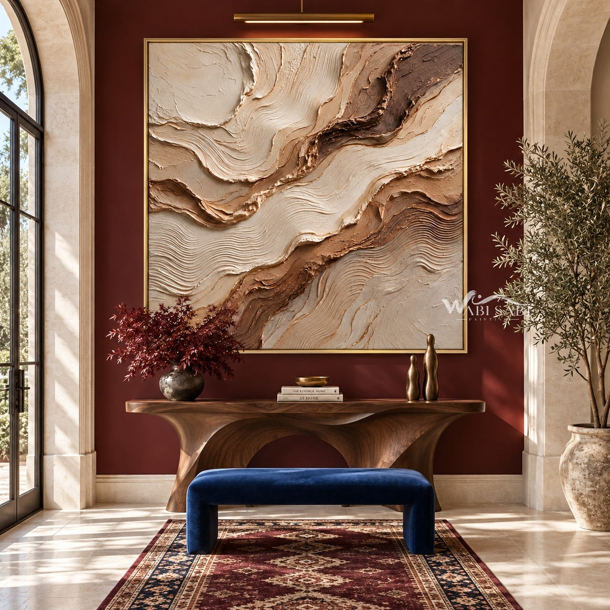 Square Cream and Brown Diagonal Strata Wall Art shown above a console and blue bench.