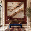 Square Cream and Brown Diagonal Strata Wall Art shown above a console and blue bench.