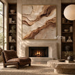 Square Cream and Brown Diagonal Strata Wall Art shown above a fireplace.