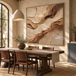 Square Cream and Brown Diagonal Strata Wall Art shown behind a dining table.