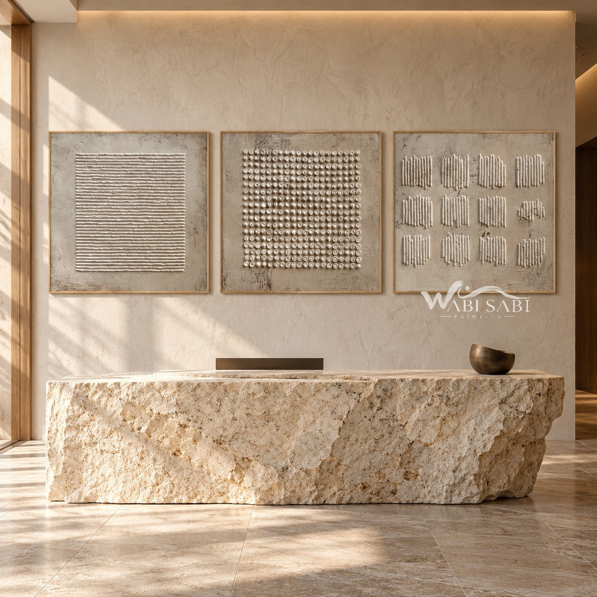 Square Dot Field 3-Piece Abstract Set shown above a console.
