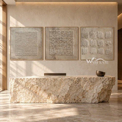 Square Dot Field 3-Piece Abstract Set shown above a console.