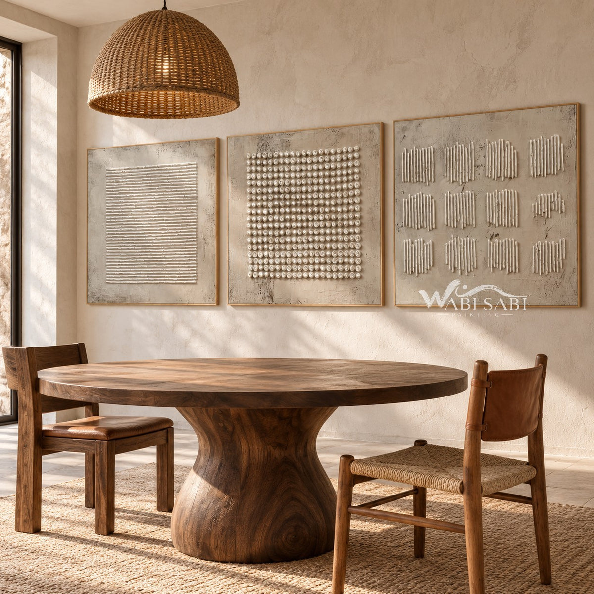 Square Dot Field 3-Piece Abstract Set shown in a dining area.