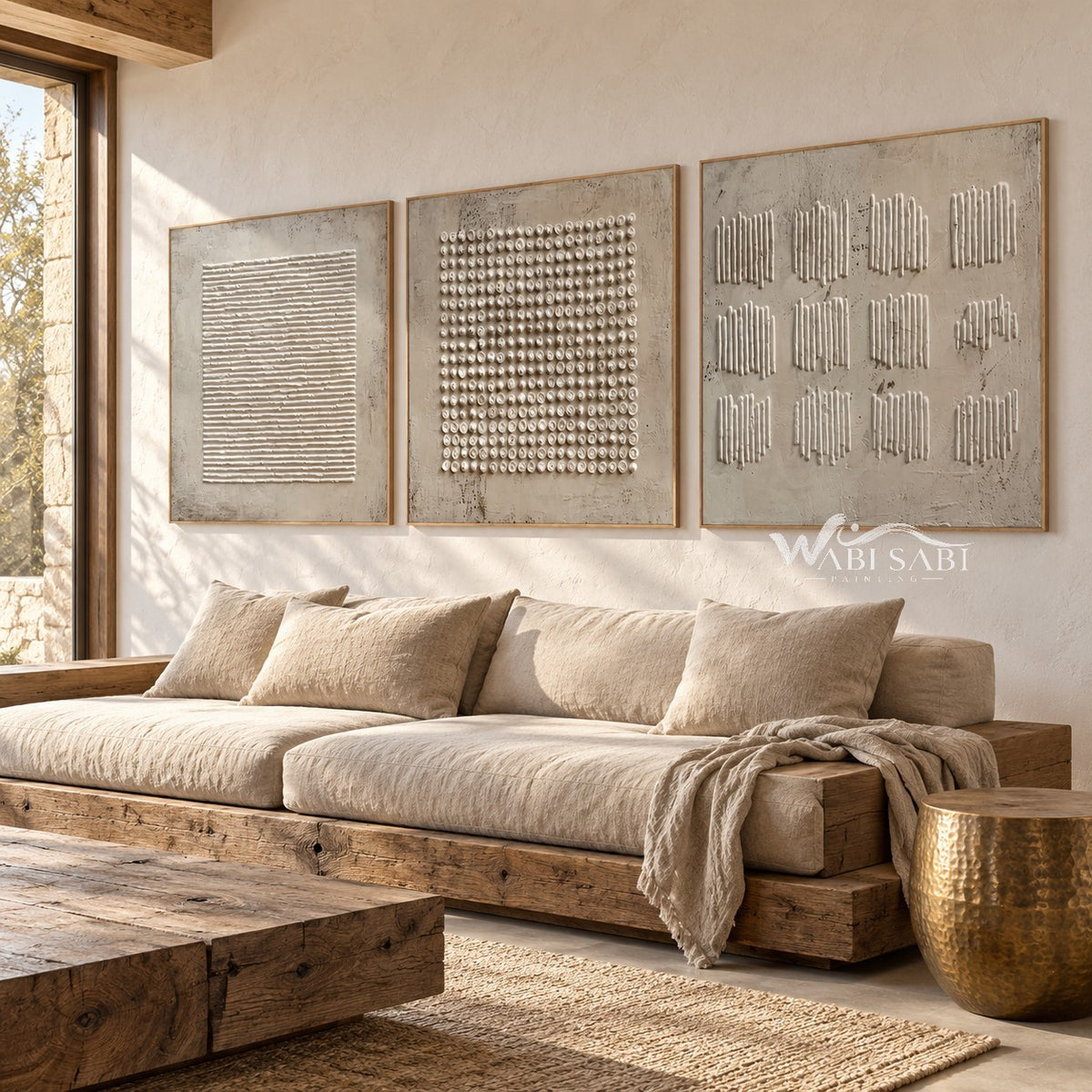 Square Dot Field 3-Piece Abstract Set shown above a sofa.
