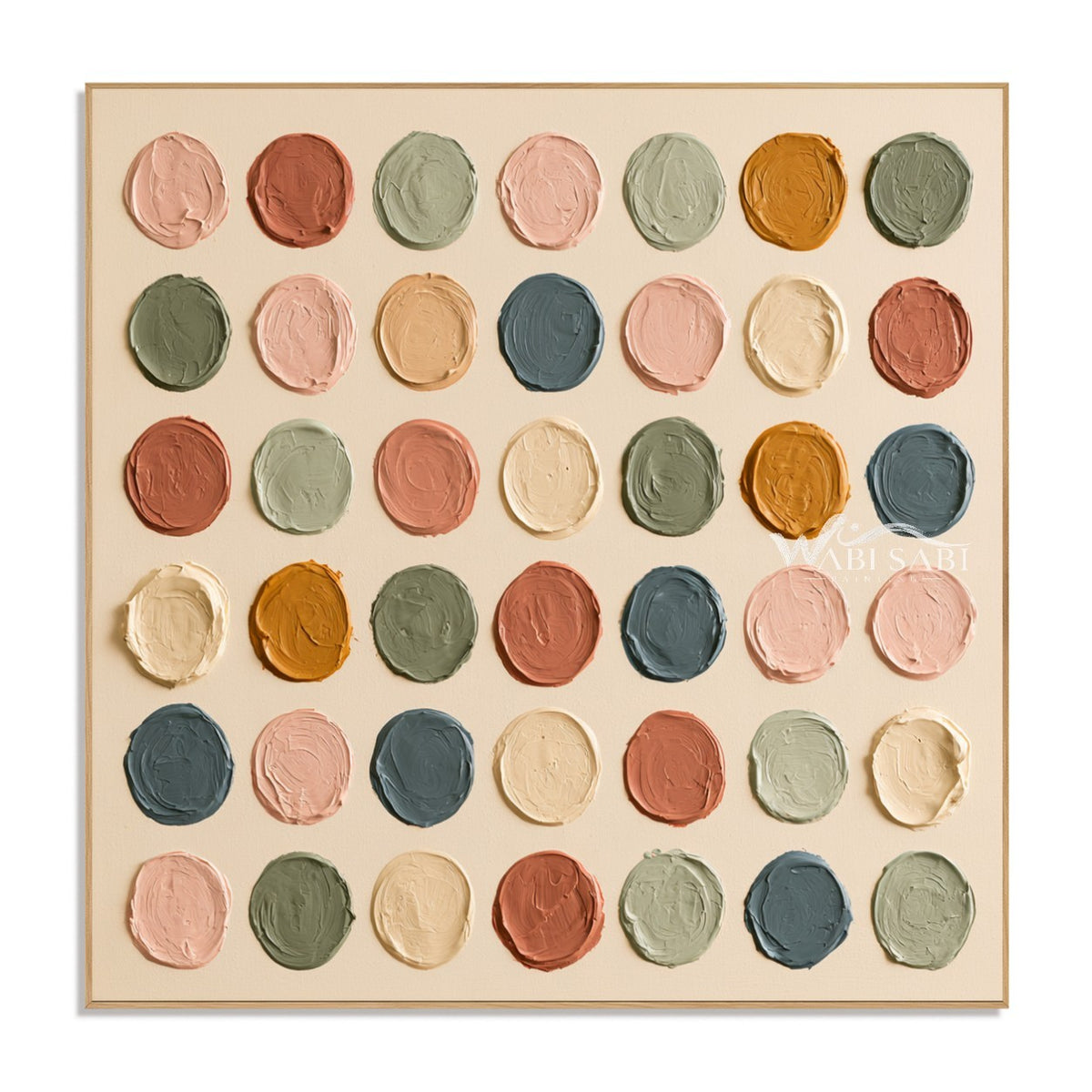 Square Muted Color Circle Grid Wall Art. Muted colors on a cream ground.