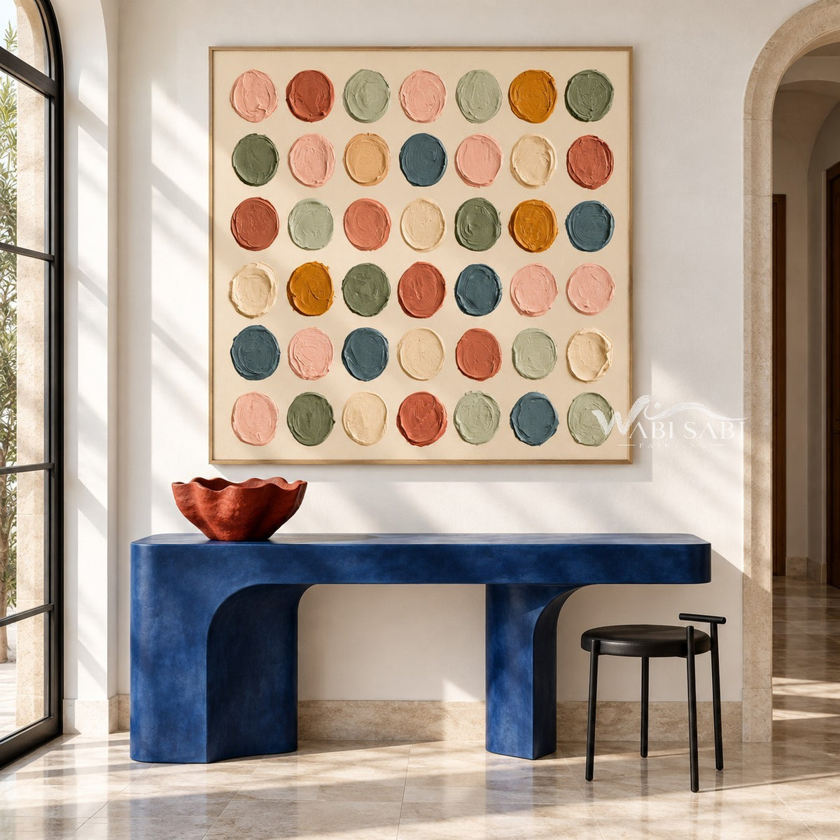 Square Muted Color Circle Grid Wall Art shown above a blue console.