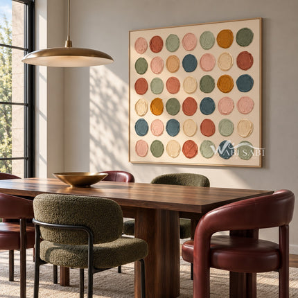 Square Muted Color Circle Grid Wall Art shown above a dining table.