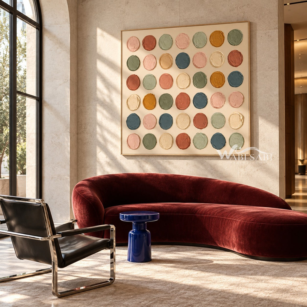 Square Muted Color Circle Grid Wall Art shown above a curved burgundy sofa.