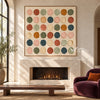 Square Muted Color Circle Grid Wall Art shown above a fireplace.