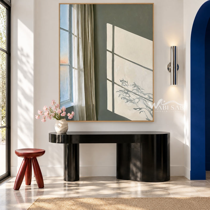 Sunlit Green Wall and Sheer Curtain Painting shown above a console.
