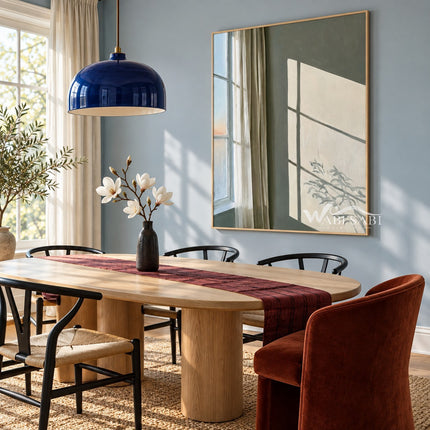 Sunlit Green Wall and Sheer Curtain Painting shown in a dining area.