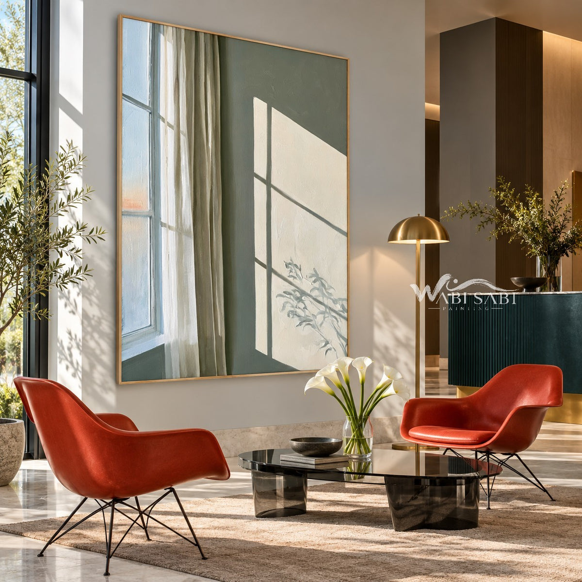 Sunlit Green Wall and Sheer Curtain Painting shown in a seating area.