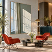 Sunlit Green Wall and Sheer Curtain Painting shown in a seating area.
